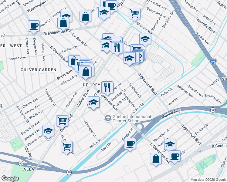 map of restaurants, bars, coffee shops, grocery stores, and more near 12311 Marshall Street in Culver City