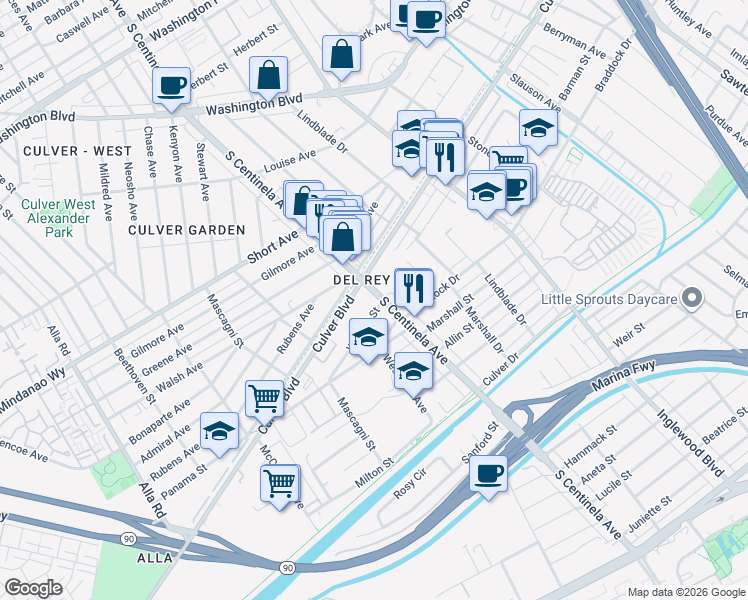 map of restaurants, bars, coffee shops, grocery stores, and more near 12417 Wagner Street in Los Angeles