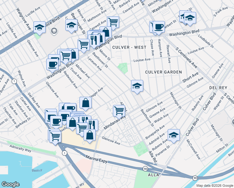 map of restaurants, bars, coffee shops, grocery stores, and more near 4250 Michael Avenue in Los Angeles
