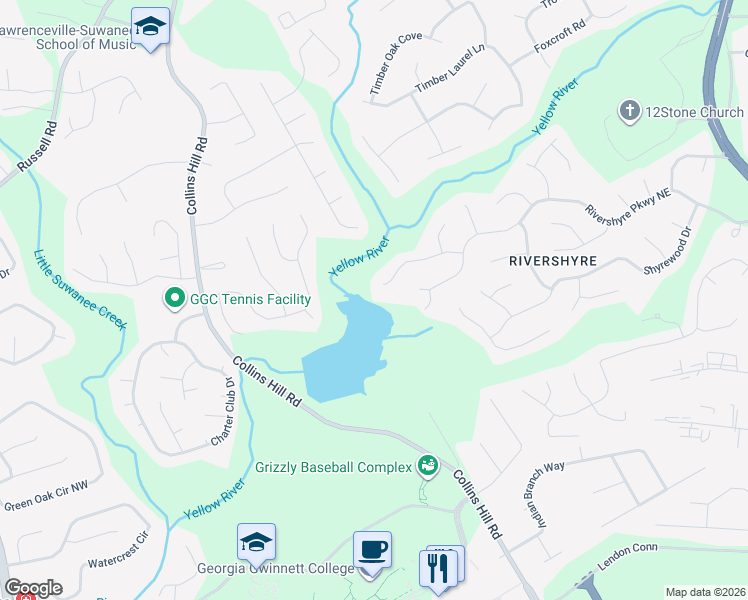 map of restaurants, bars, coffee shops, grocery stores, and more near 15 Rivershyre Circle in Lawrenceville