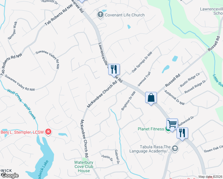 map of restaurants, bars, coffee shops, grocery stores, and more near 1673 McKendree Church Road in Lawrenceville