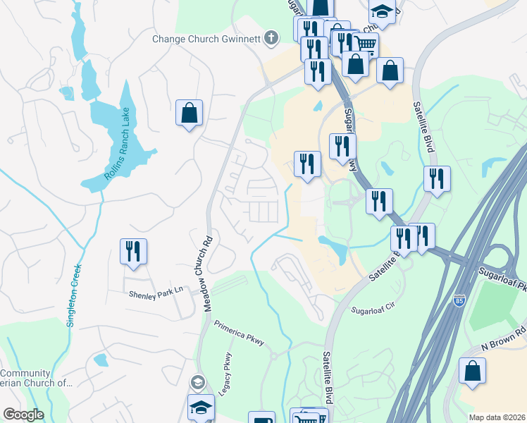 map of restaurants, bars, coffee shops, grocery stores, and more near 2252 Landing Ridge Drive in Duluth