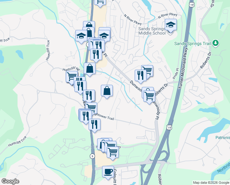map of restaurants, bars, coffee shops, grocery stores, and more near 1200 Wing Street in Sandy Springs