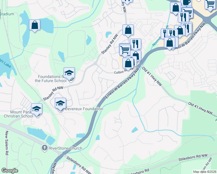 map of restaurants, bars, coffee shops, grocery stores, and more near 1509 Rachel's Ridge Northwest in Kennesaw