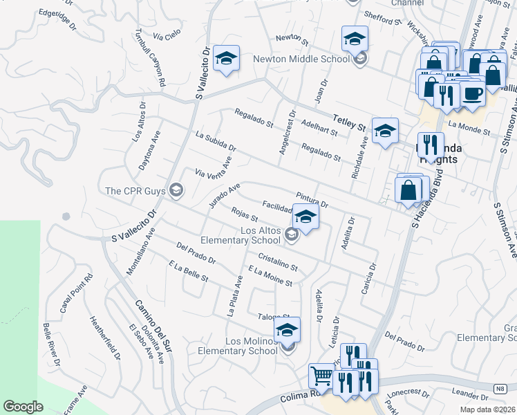 map of restaurants, bars, coffee shops, grocery stores, and more near 15454 Facilidad Street in Hacienda Heights