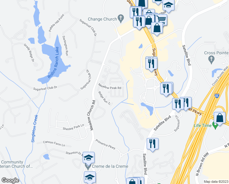 map of restaurants, bars, coffee shops, grocery stores, and more near 2034 Meadow Peak Road in Duluth