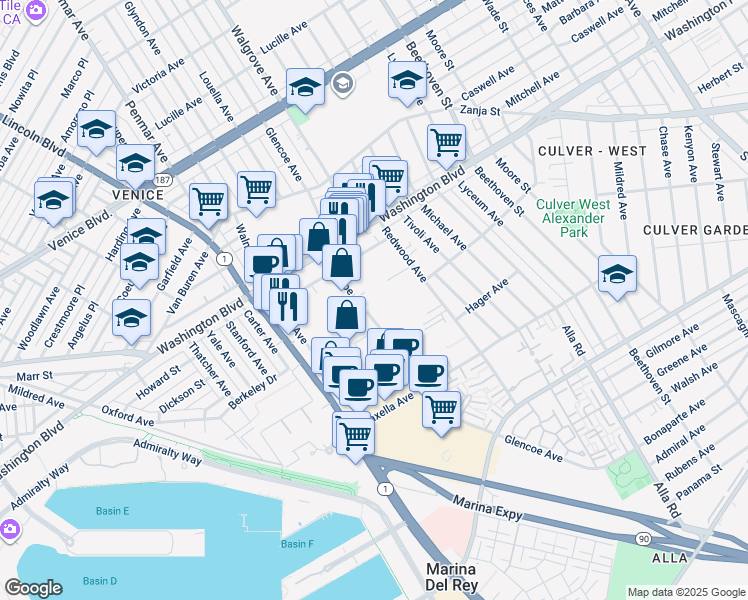 map of restaurants, bars, coffee shops, grocery stores, and more near 4080 Glencoe Avenue in Marina del Rey