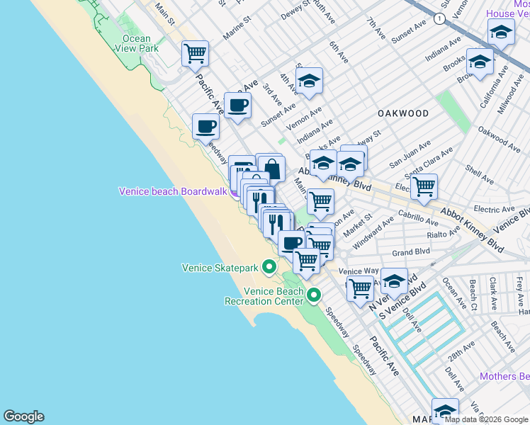 map of restaurants, bars, coffee shops, grocery stores, and more near 1007 Ocean Front Walk in Los Angeles