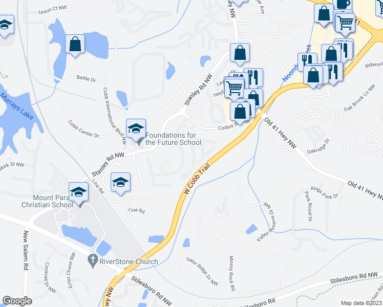 map of restaurants, bars, coffee shops, grocery stores, and more near 1630 Donovan's Ridge in Kennesaw