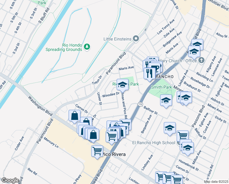 map of restaurants, bars, coffee shops, grocery stores, and more near 6303 Winodee Drive in Pico Rivera