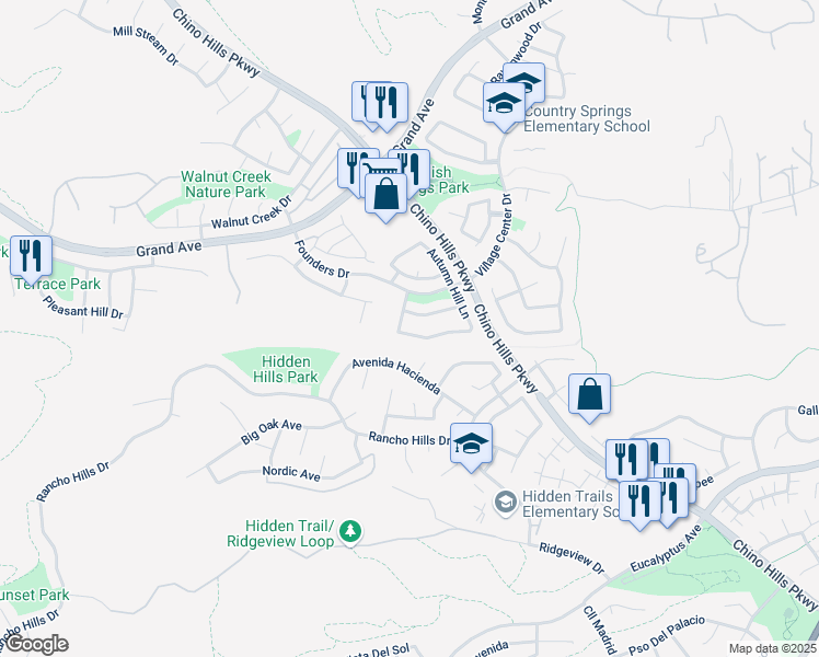map of restaurants, bars, coffee shops, grocery stores, and more near 2113 Sun Ridge Drive in Chino Hills