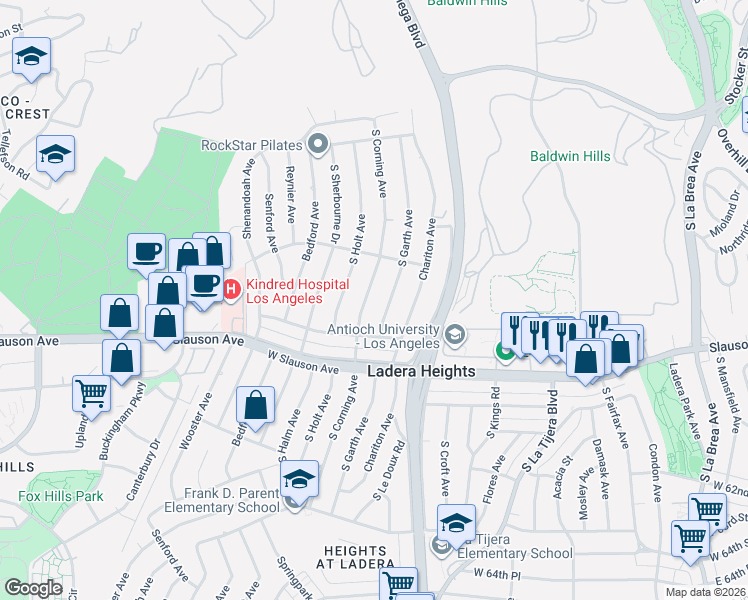 map of restaurants, bars, coffee shops, grocery stores, and more near 5552 South Corning Avenue in Los Angeles