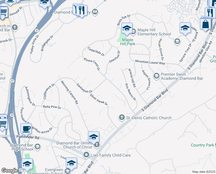 map of restaurants, bars, coffee shops, grocery stores, and more near 1649 Kiowa Crest Drive in Diamond Bar
