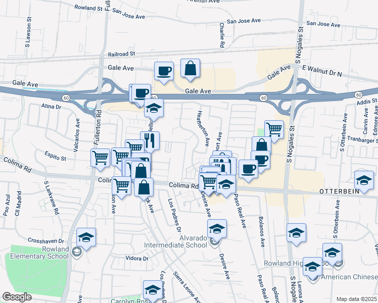 map of restaurants, bars, coffee shops, grocery stores, and more near 1537 Greencastle Avenue in Rowland Heights