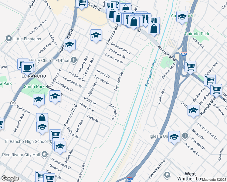 map of restaurants, bars, coffee shops, grocery stores, and more near 9555 Reichling Lane in Pico Rivera