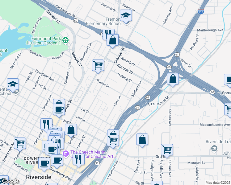 map of restaurants, bars, coffee shops, grocery stores, and more near 3456 Poplar Street in Riverside