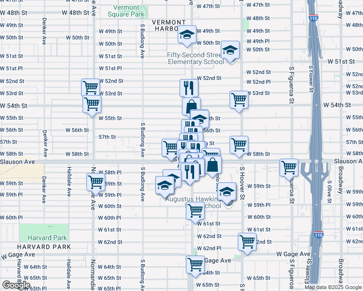 map of restaurants, bars, coffee shops, grocery stores, and more near 1022 West 57th Street in Los Angeles