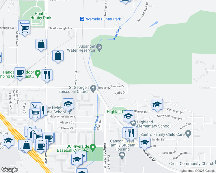 map of restaurants, bars, coffee shops, grocery stores, and more near 895 Huston Drive in Riverside