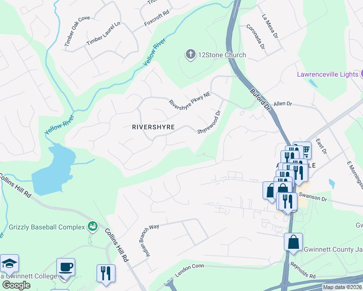 map of restaurants, bars, coffee shops, grocery stores, and more near 315 Lochwood Trail Southeast in Lawrenceville