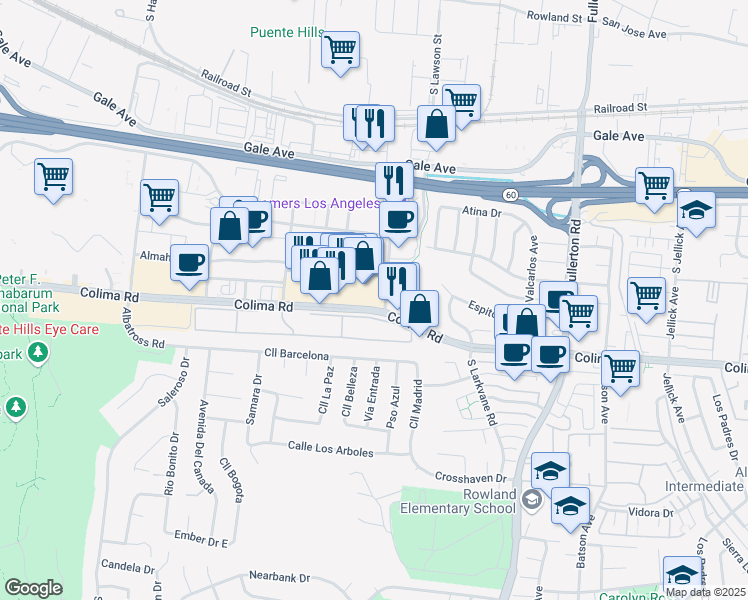 map of restaurants, bars, coffee shops, grocery stores, and more near 17899 Colima Road in City of Industry