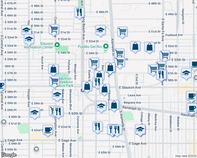 map of restaurants, bars, coffee shops, grocery stores, and more near 5743 Bandera Street in Vernon