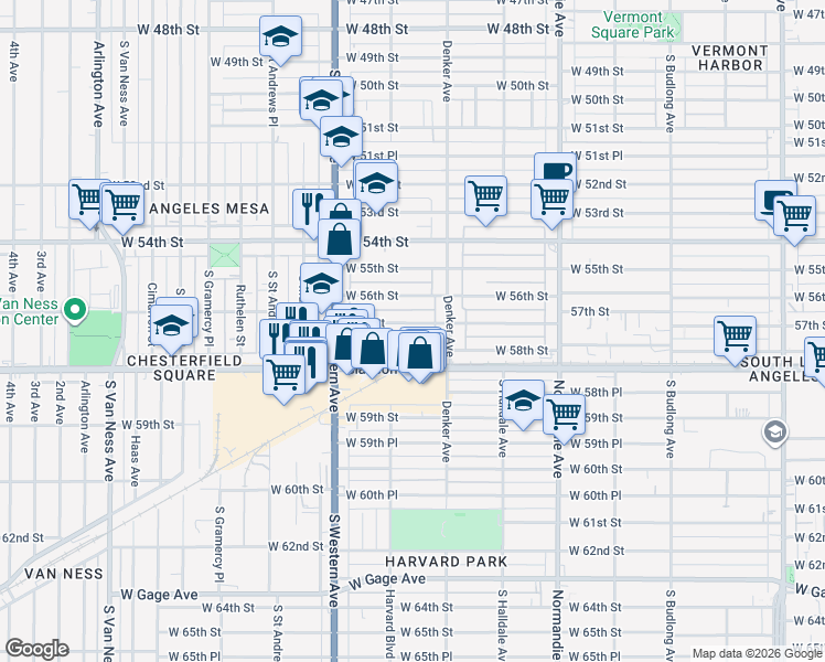 map of restaurants, bars, coffee shops, grocery stores, and more near 1638 57th Street in Los Angeles