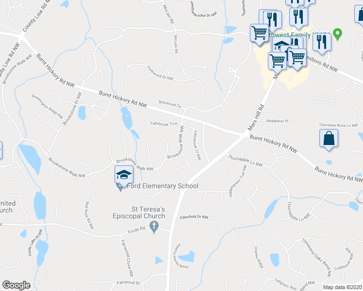 map of restaurants, bars, coffee shops, grocery stores, and more near 5723 Brookstone Walk in Acworth