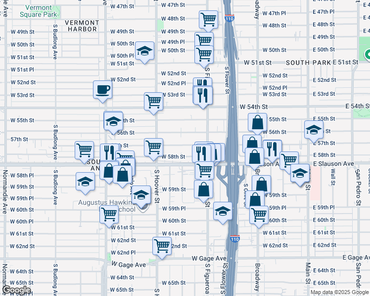 map of restaurants, bars, coffee shops, grocery stores, and more near 612 57th Street in Los Angeles