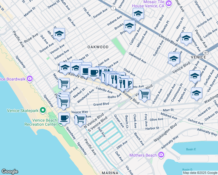 map of restaurants, bars, coffee shops, grocery stores, and more near 1503 Cabrillo Avenue in Los Angeles