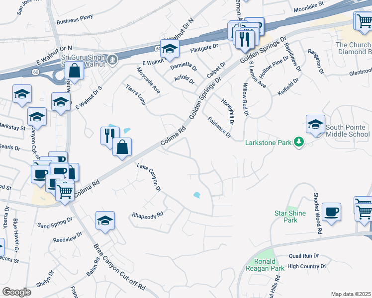 map of restaurants, bars, coffee shops, grocery stores, and more near 1531 Leanne Terrace in Walnut