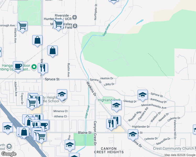 map of restaurants, bars, coffee shops, grocery stores, and more near 845 Spruce Street in Riverside