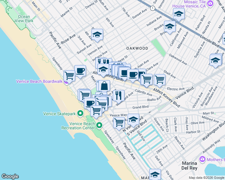 map of restaurants, bars, coffee shops, grocery stores, and more near 216 San Juan Avenue in Los Angeles