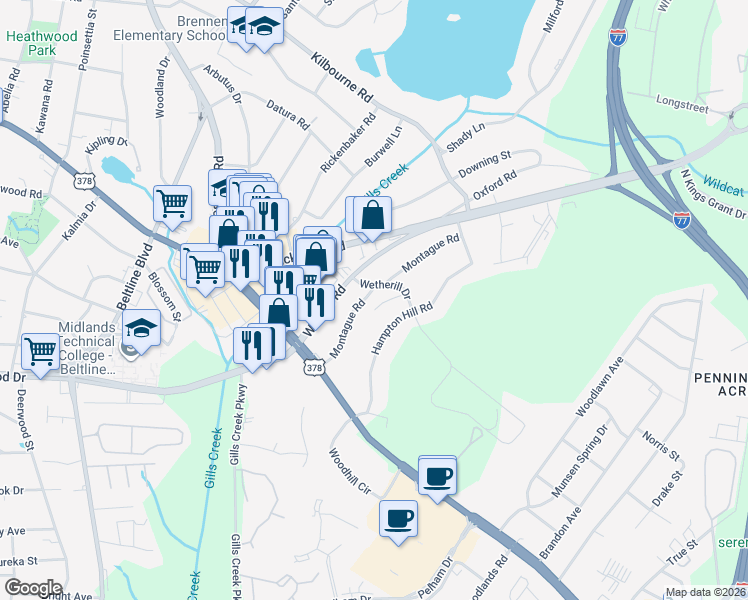 map of restaurants, bars, coffee shops, grocery stores, and more near 825 Hampton Hill Road in Columbia
