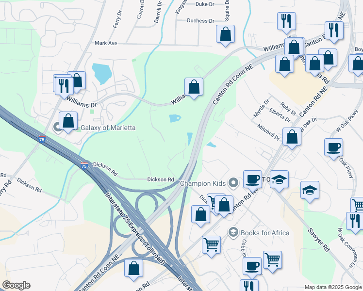 map of restaurants, bars, coffee shops, grocery stores, and more near 1607 Dickson Drive in Marietta