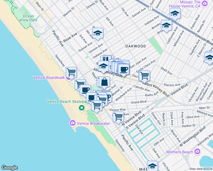 map of restaurants, bars, coffee shops, grocery stores, and more near 216 Westminster Avenue in Los Angeles