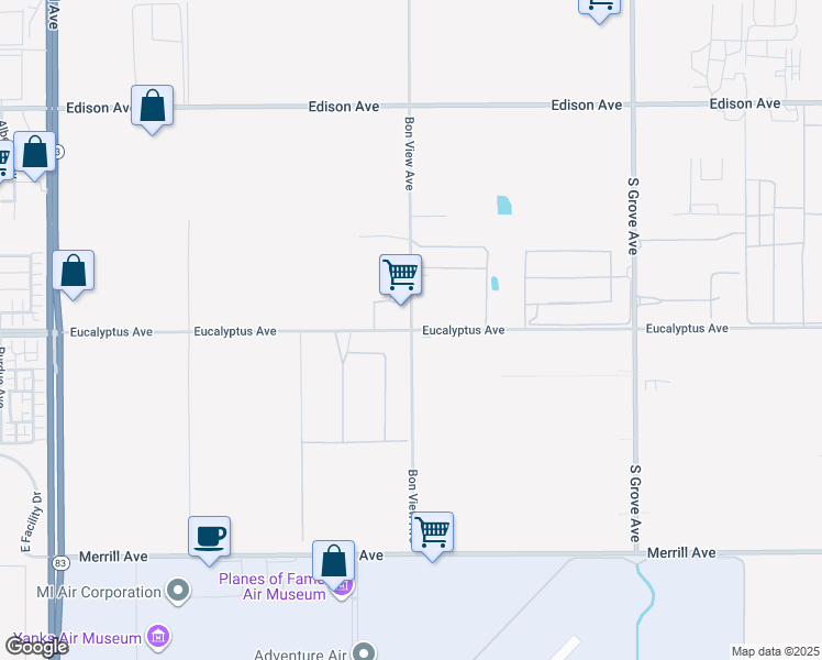 map of restaurants, bars, coffee shops, grocery stores, and more near Eucalyptus Avenue in San Bernardino County