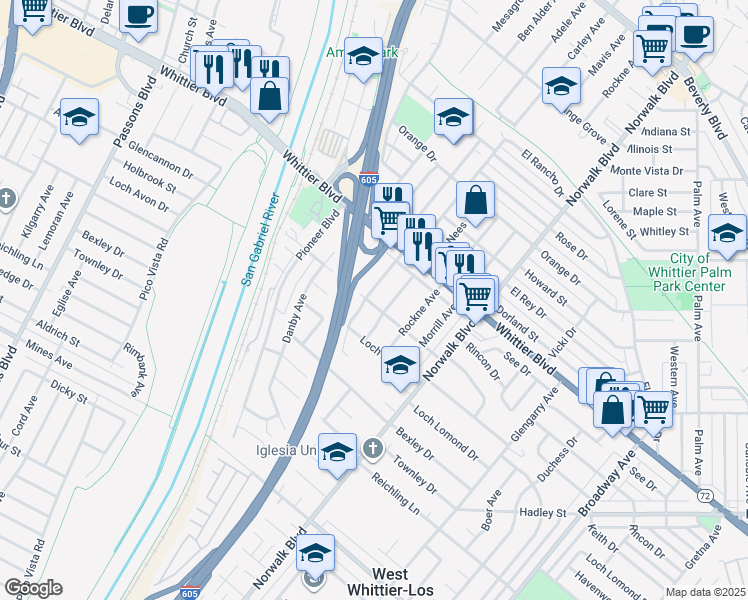 map of restaurants, bars, coffee shops, grocery stores, and more near 6128 McNees Avenue in Whittier