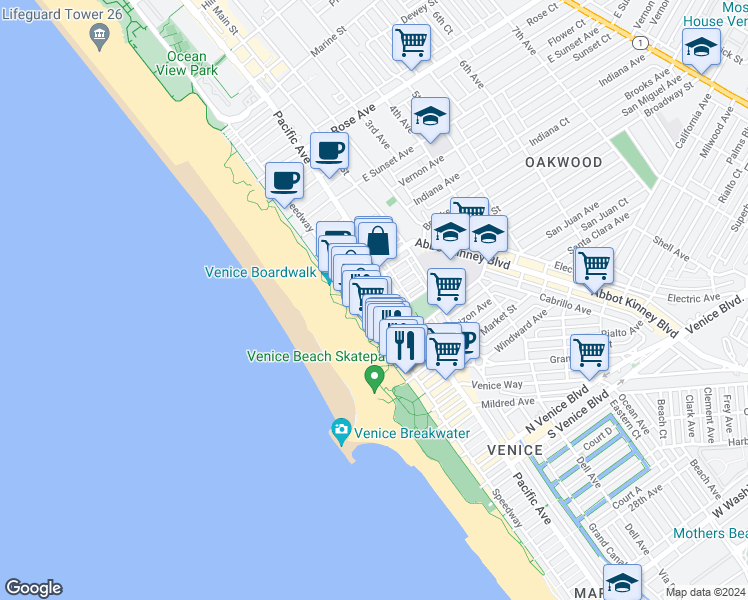 map of restaurants, bars, coffee shops, grocery stores, and more near 26 Breeze Avenue in Los Angeles