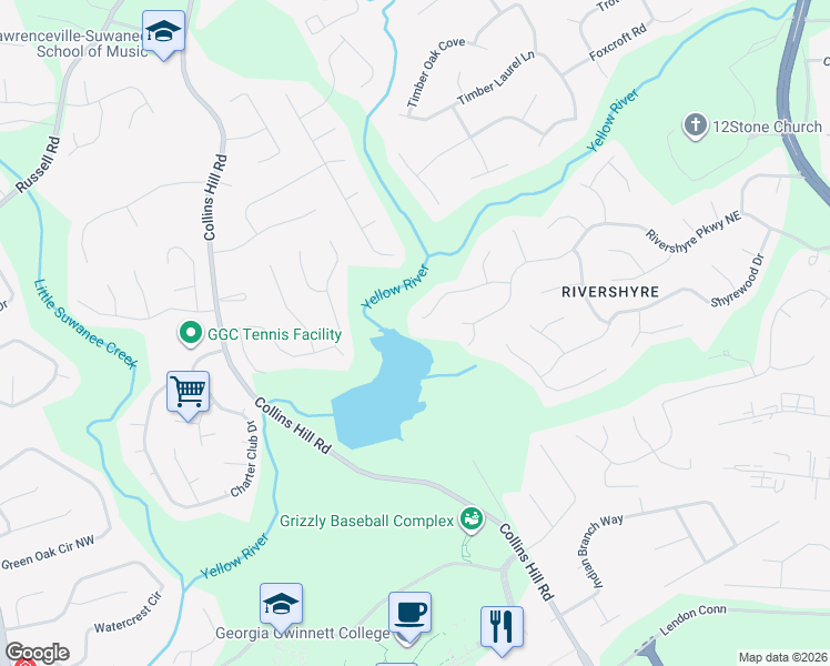 map of restaurants, bars, coffee shops, grocery stores, and more near 15 Rivershyre Circle in Lawrenceville