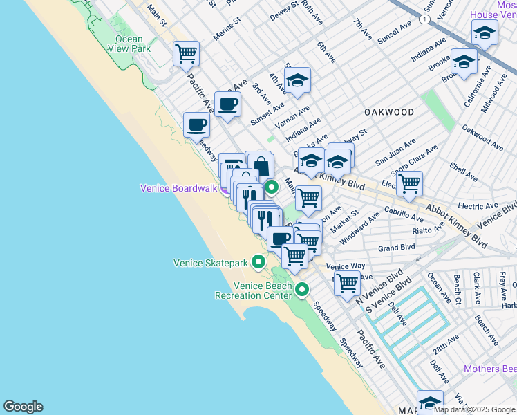map of restaurants, bars, coffee shops, grocery stores, and more near 26 Breeze Avenue in Los Angeles