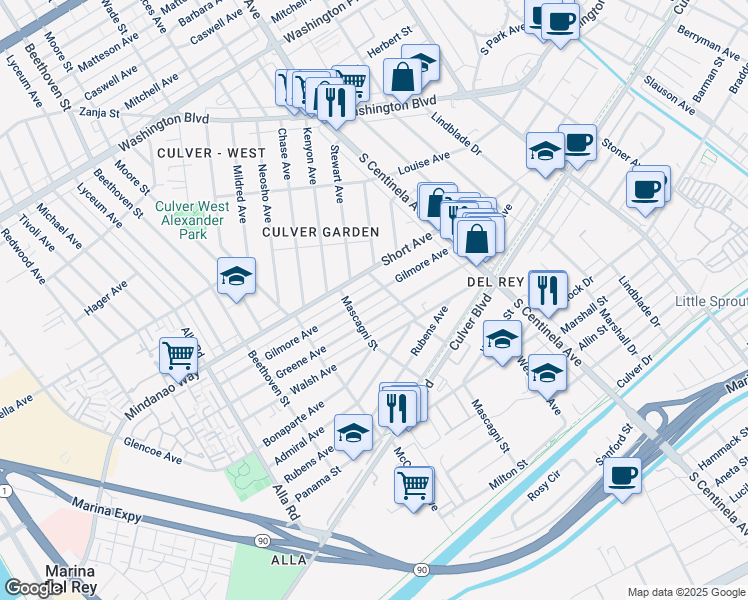 map of restaurants, bars, coffee shops, grocery stores, and more near 12520 Gilmore Avenue in Los Angeles