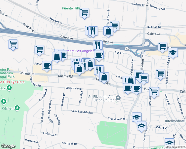 map of restaurants, bars, coffee shops, grocery stores, and more near in City of Industry