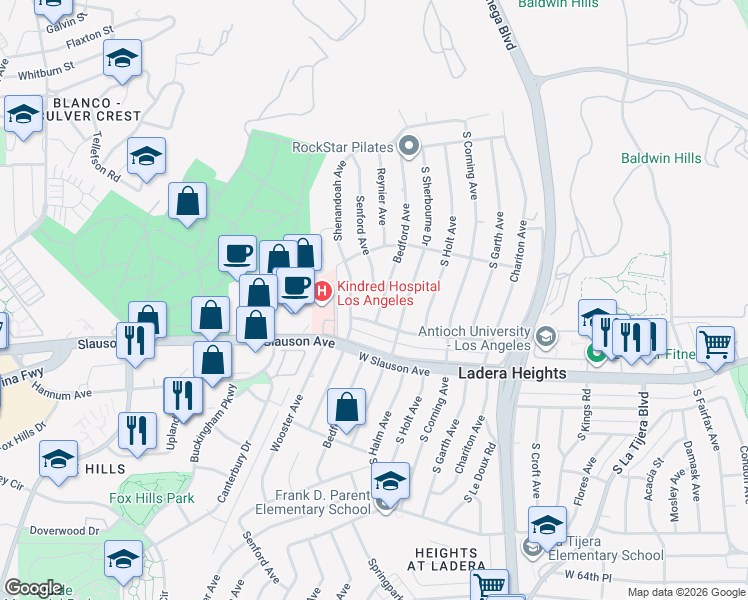map of restaurants, bars, coffee shops, grocery stores, and more near 5611 Bedford Avenue in Los Angeles
