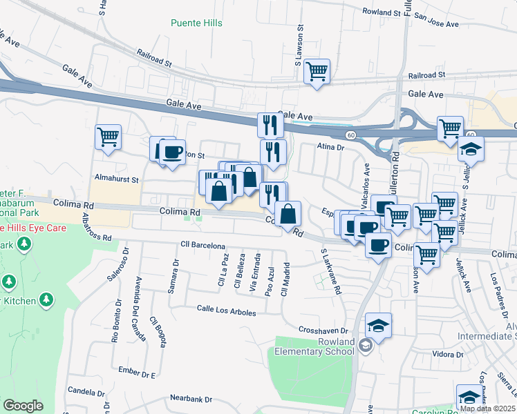 map of restaurants, bars, coffee shops, grocery stores, and more near 17899 Colima Road in City of Industry