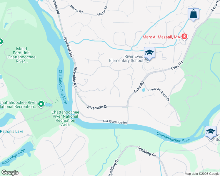 map of restaurants, bars, coffee shops, grocery stores, and more near 105 Stonemist Court in Roswell