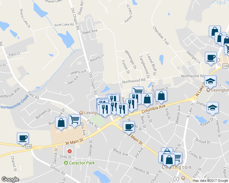 map of restaurants, bars, coffee shops, grocery stores, and more near 221 Ivy Park Lane in Lexington