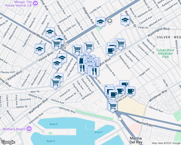 map of restaurants, bars, coffee shops, grocery stores, and more near in Los Angeles