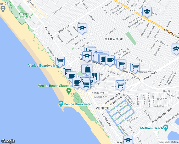 map of restaurants, bars, coffee shops, grocery stores, and more near 216 Westminster Avenue in Los Angeles