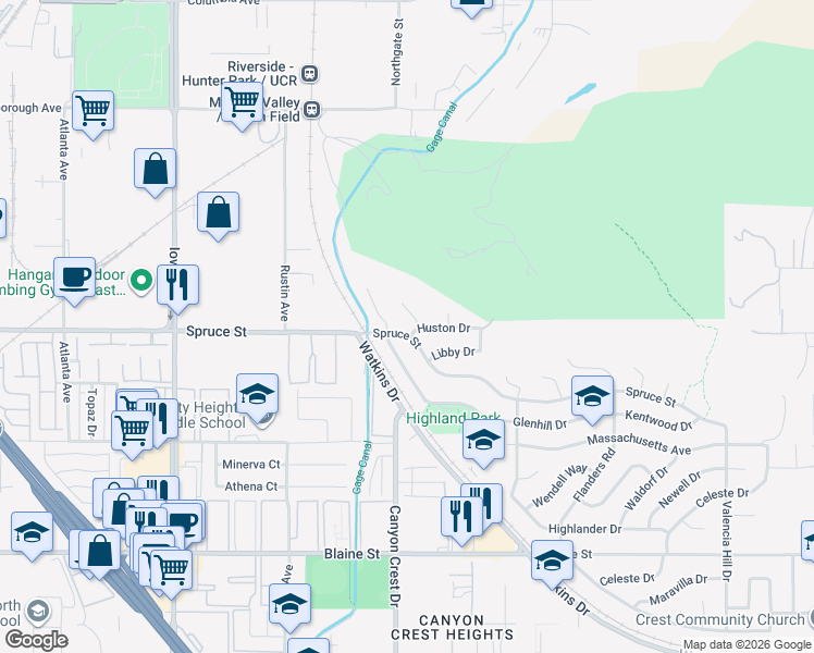 map of restaurants, bars, coffee shops, grocery stores, and more near 845 Spruce Street in Riverside