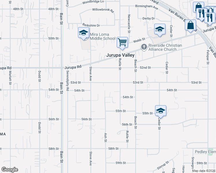 map of restaurants, bars, coffee shops, grocery stores, and more near 5380 Ash Street in Riverside